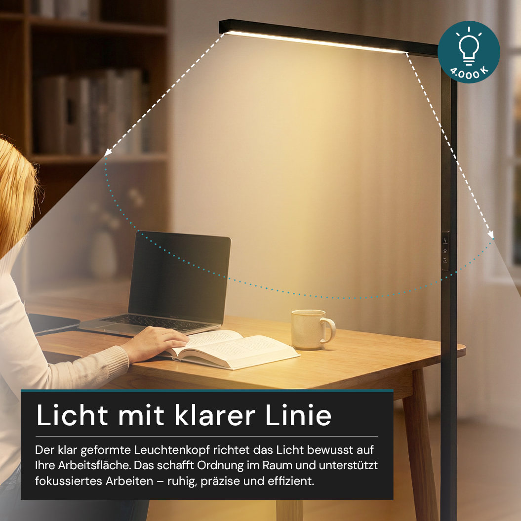 LED-Büro-Stehleuchte, Up/Down, UGR<16, CRI98, dimmbar, 45 W, 1940 x 40 x 1050 mm, 3500 lm, schwarz