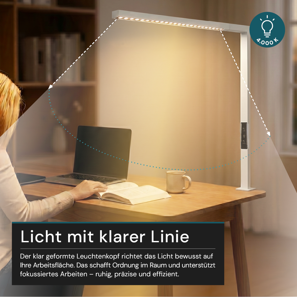 LED Büro-Klemmleuchtel Up/Down, UGR<16, CRI98, dimmbar, 45 W, 1200 x 40 x 1050 mm, 3500 lm, weiß.