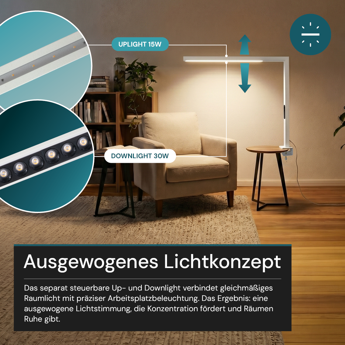 LED Büro-Klemmleuchtel Up/Down, UGR<16, CRI98, dimmbar, 45 W, 1200 x 40 x 1050 mm, 3500 lm, weiß.
