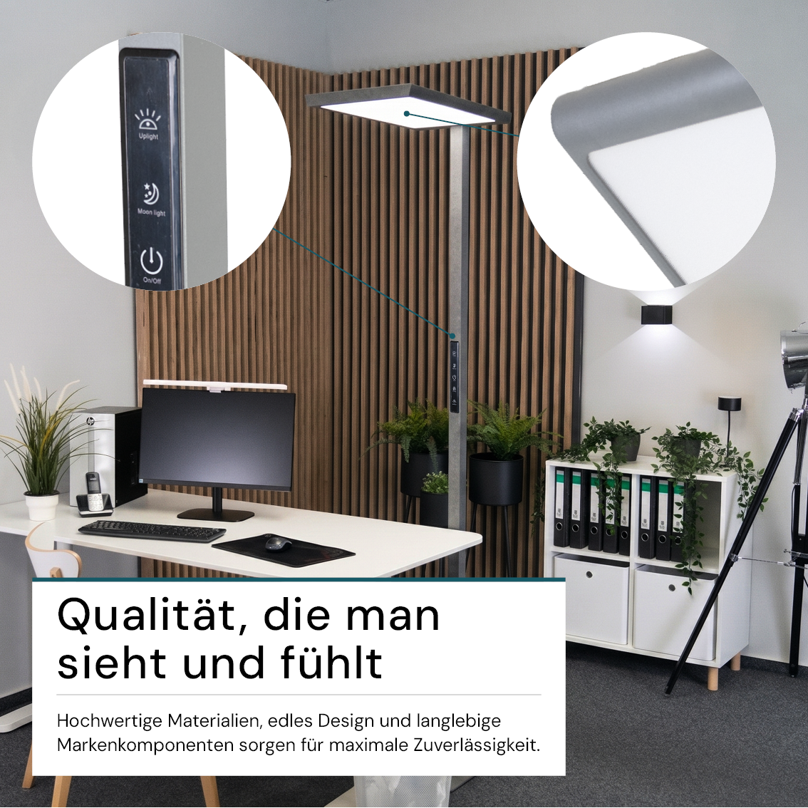 LED Büro-Stehleuchte, Up/Down, in Grau, 100 W, 7000 lm, 4000 K (neutralweiß), UGR<16, CRI98, dimmbar, RG0, Bridgelux LED, Arbeitsplatzleuchte.