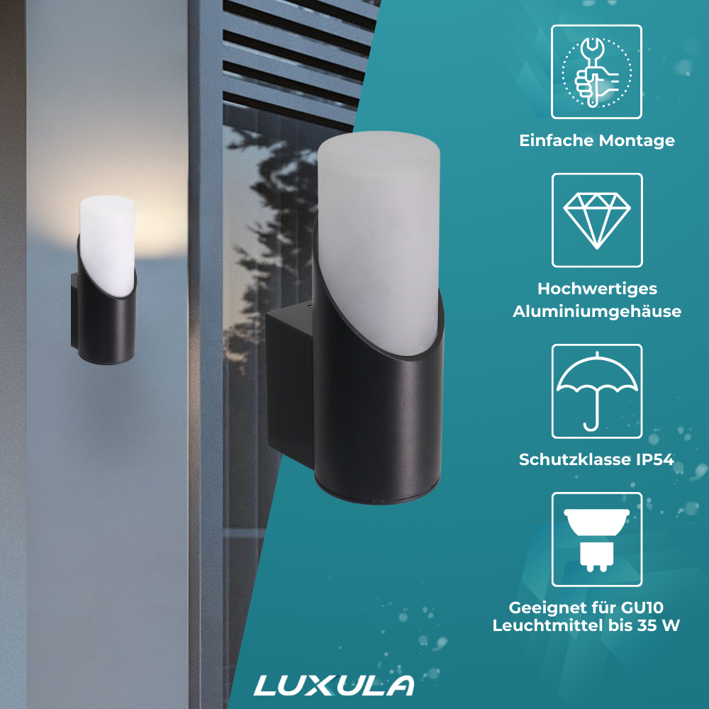 4er-Pack Moderne Wandleuchte, Innen/Außen, schwarz, GU10 Fassung, IP54, Aluminium.