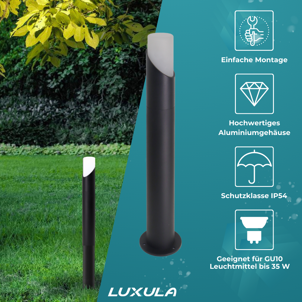 2er-Pack Moderne Wegeleuchte, schwarz, GU10 Fassung, IP54, Aluminium, mit Erdspieß, Höhe 52 cm.