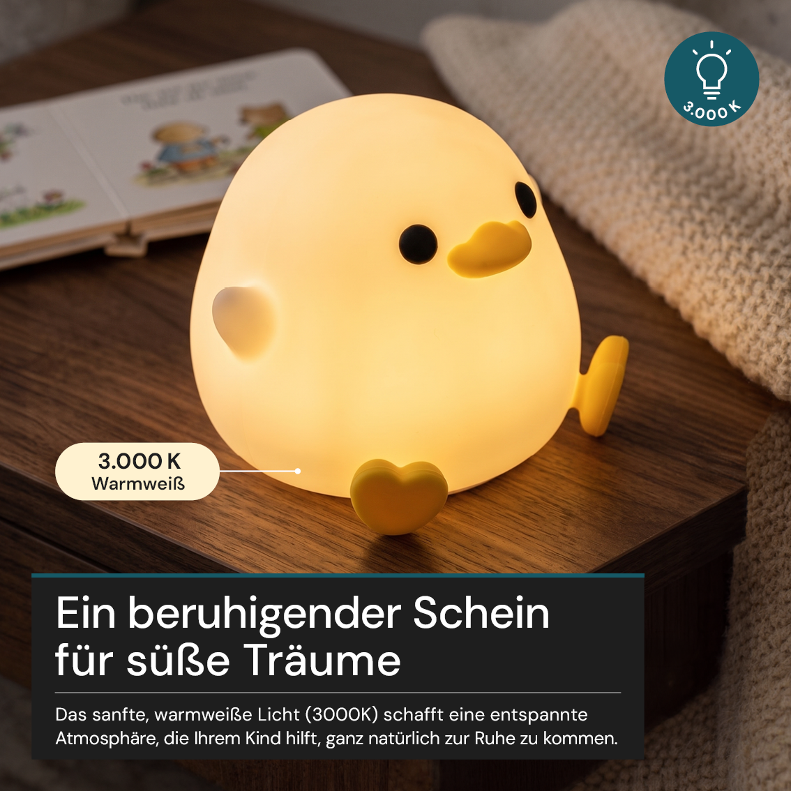 LED-Nachtlicht Küken, 1,7 W, 70 lm, 3000 K, 5-Stufen-Dimmfunktion, 30-Minuten-Timer.