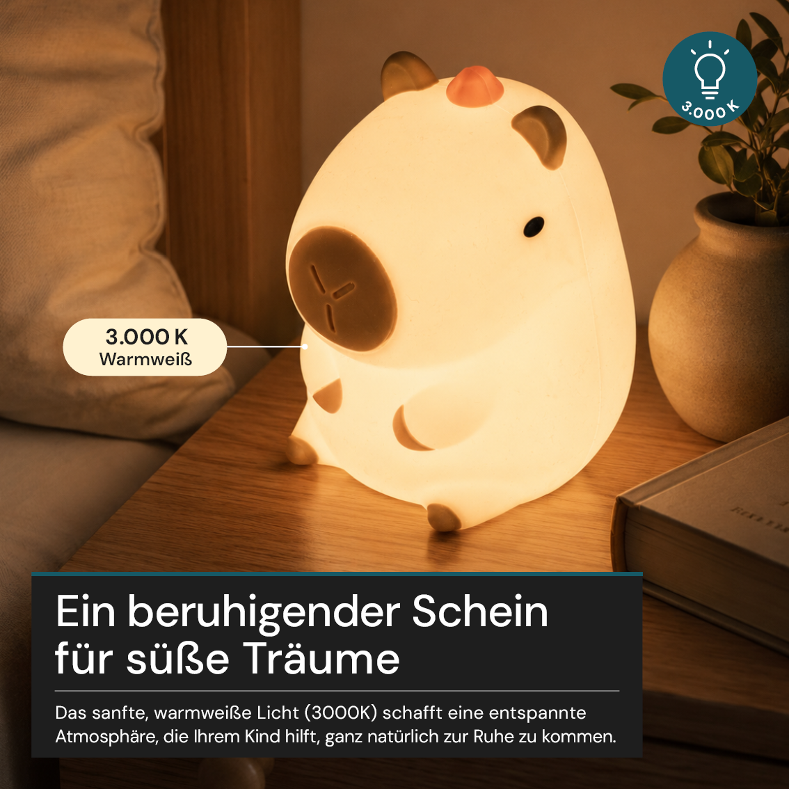 LED Nachtlicht Capybara, 1,7 W, 70 lm, 3000 K, 5-Stufen-Dimmfunktion, 30-Minuten-Timer