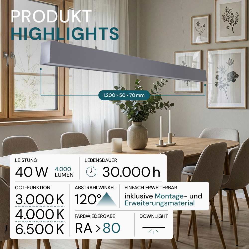 LED Büro-/Tresenleuchte, in Grau, 120 cm, 40 W, 4000 lm, 3000-6500 K (CCT), LIFUD Netzteil, erweiterbar, Aluminium