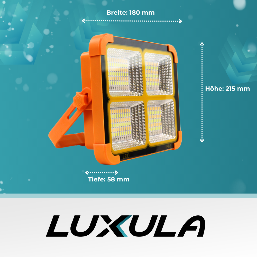 Solar Baustrahler mit Akku, CCT, 6 Std.Leuchtzeit, USB In- & Output, IP65, Magnet- & Hängefunktion.