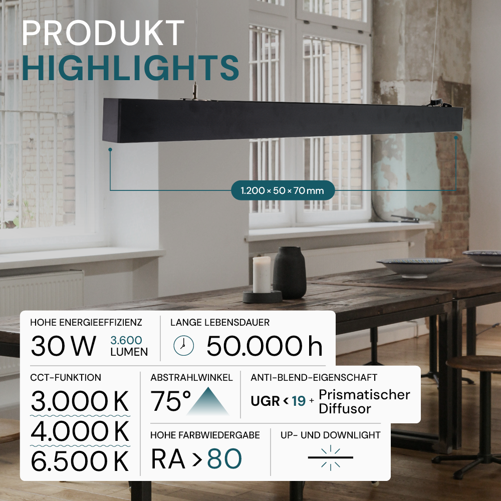 3er-Pack LED Büro-/Tresenleuchte Up&Down, schwarz, 120 cm, 30 W, 3600 lm, UGR<19, 3000-6500 K (CCT), LIFUD Netzteil, erweiterbar, Aluminium.