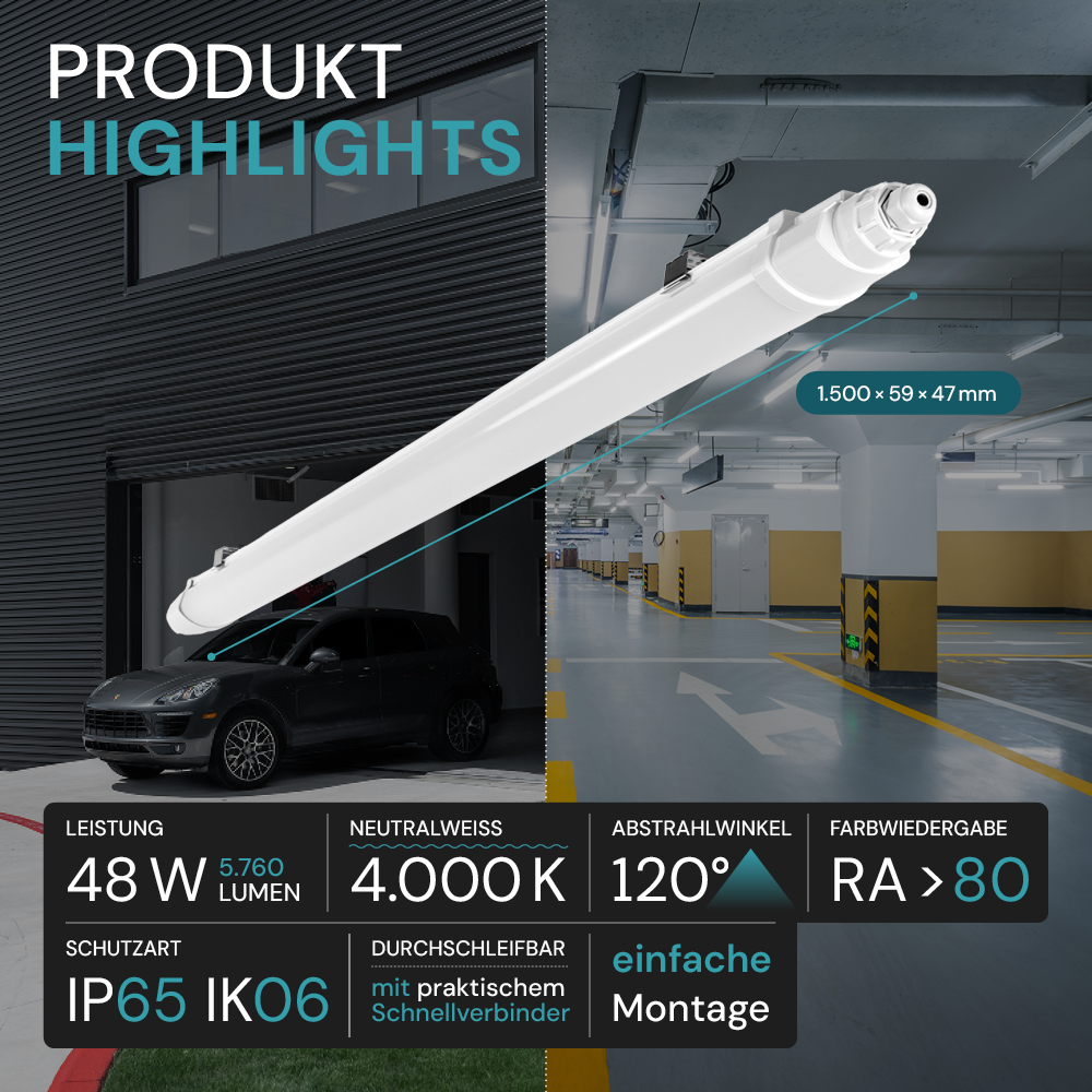 8er-Pack LED Feuchtraumleuchte SLIM, 150 cm, 48 W, 5760 lm, 4000 K (neutralweiß), IP65, IK06, durchschleifbar, mit Quick Connector.