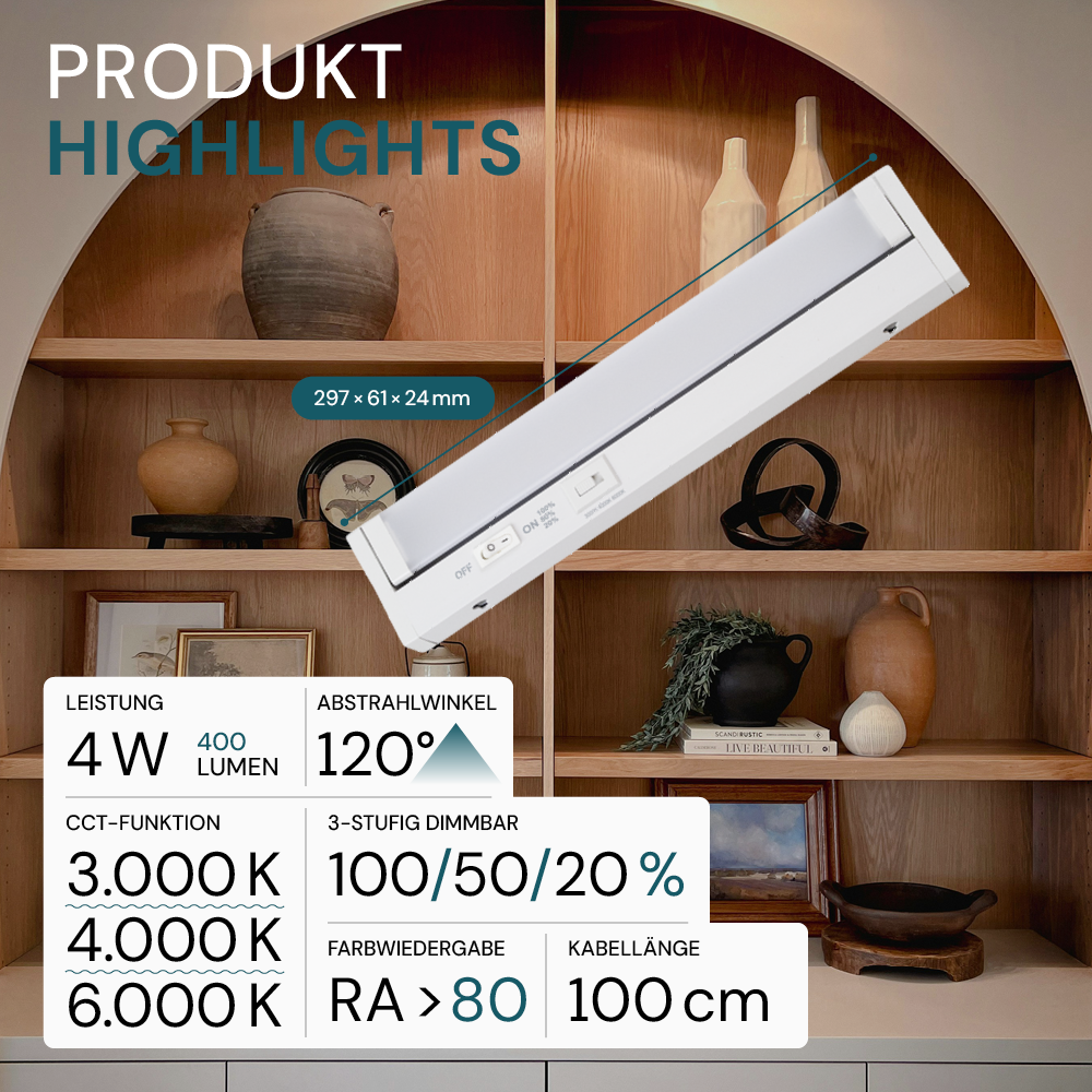 LED-Unterbauleuchte, schwenkbar, mit Schalter, 30 cm, 4 W, 400 lm, einstellbare Lichtfarbe, dimmbar, erweiterbar, Küchen- und Schrankbeleuchtung