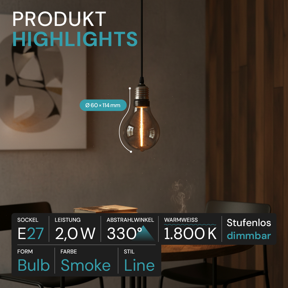 LED Filament Leuchtmittel, LINE, Smoke, Bulb A60, E27, 2W, 40lm, 1800K, dimmbar