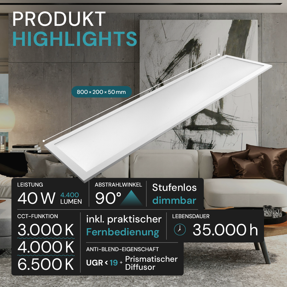 LUXULA LITEQ 80, LED-Panel mit Fernbedienung, 80×20 cm, weiß, 40 W, 4400 lm, UGR<19, Helligkeit und Lichtfarbe einstellbar