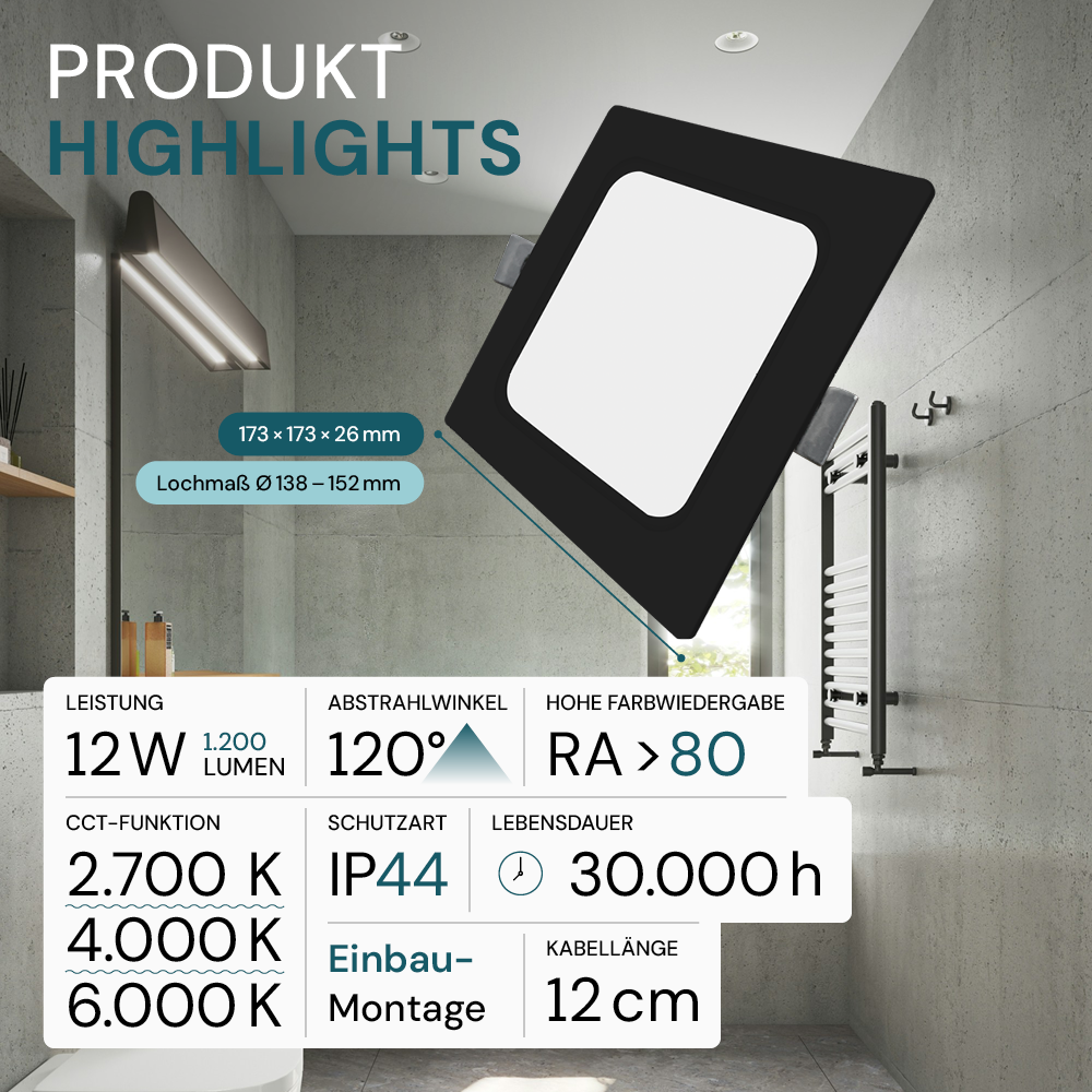 LED Einbauleuchte in Schwarz, 12 W, 230 V, IP44-geschützt, 1200 lm, Lichtfarbe einstellbar, 173x26 mm, Einbaustrahler mit Diffusor, Badezimmer Deckenleuchte