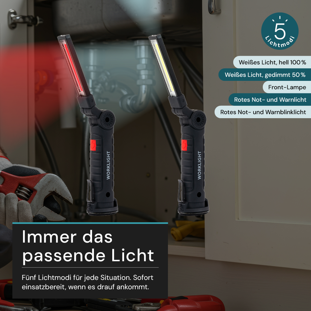 LED-Arbeitsleuchte mit Akku, 5 Lichtmodi, 11 cm, mit Magnet und Haken, USB-aufladbar, drehbare Taschenlampe, Inspektionsleuchte.