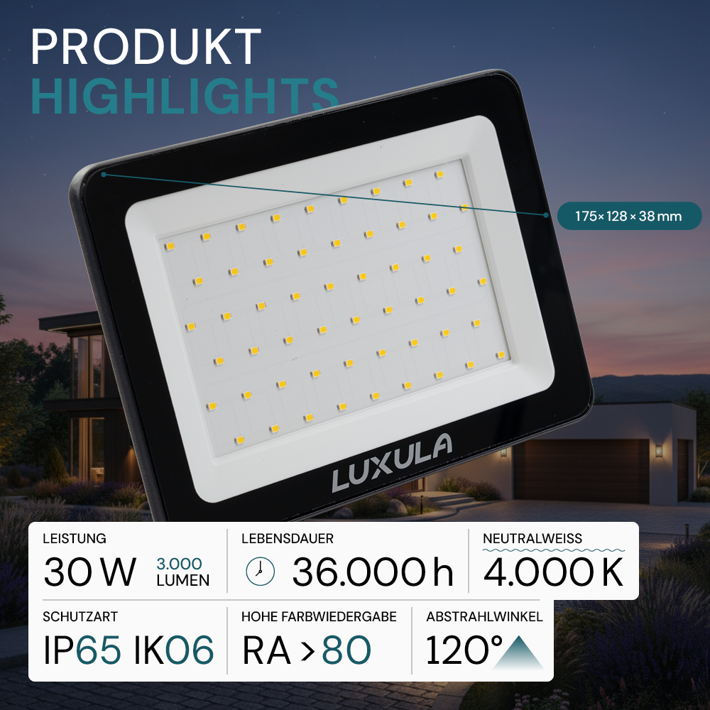 LED-Fluter mit Schnellverbinder, 30 W, 4000 K (neutralweiß), 3000 lm, schwarz, IP65
