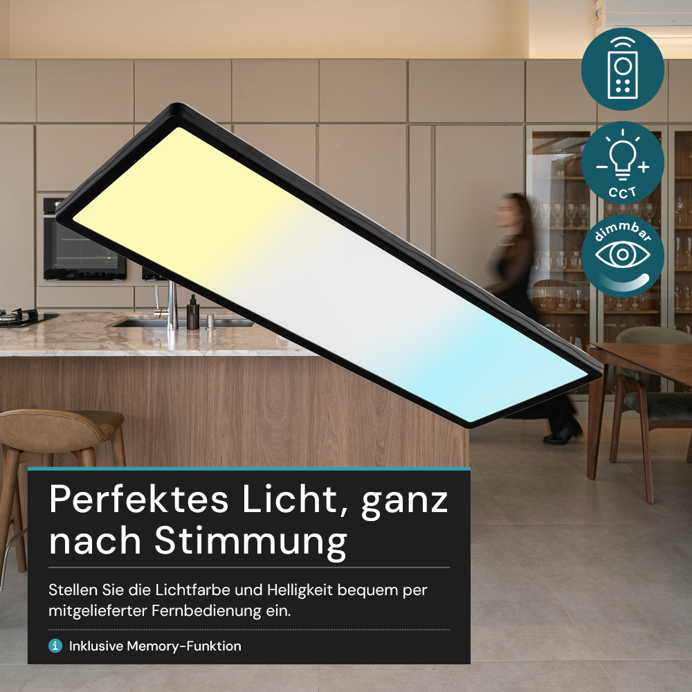 LED-Panel mit Fernbedienung, 58×20 cm, schwarz, 24 W, 2200 lm, IP44 Wassergeschützt, Helligkeit und Lichtfarbe einstellbar