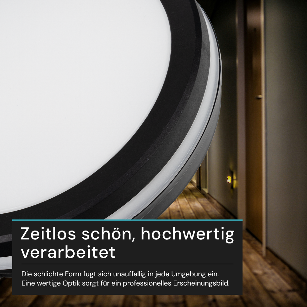 Moderne LED-Deckenlampe, schwarz/weiß, rund, 30 W, 3000 lm, Lichtfarbe einstellbar, Ø30 cm, IP65-wassergeschützt, Schnellverbinder, Innen- und Außenlampe
