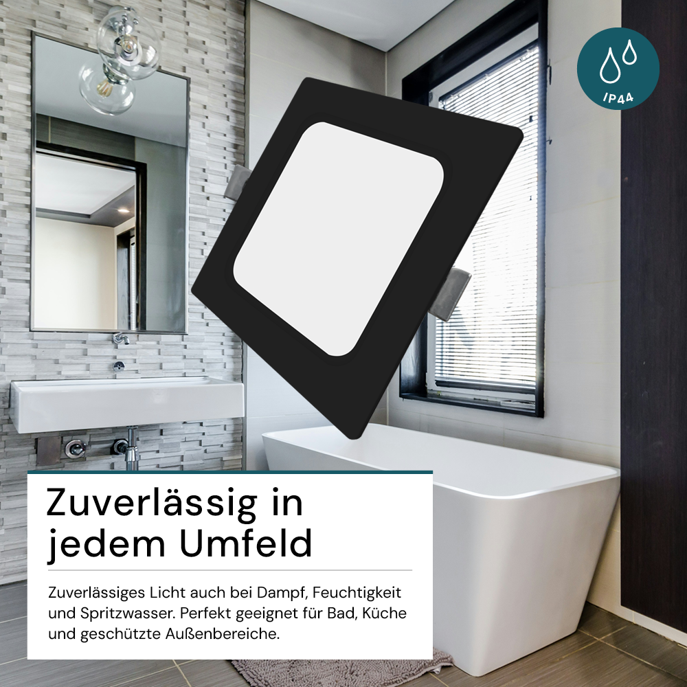 LED Einbauleuchte in Schwarz, 24 W, 230 V, IP44-geschützt, 2400 lm, Lichtfarbe einstellbar, 295x29 mm, Einbaustrahler mit Diffusor, Badezimmer Deckenleuchte