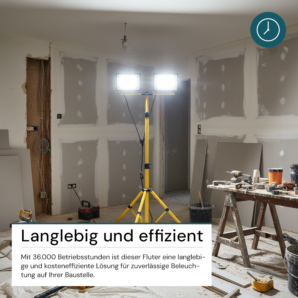 LED Baustrahler mit Stativ, 2x 50 W, 4000 K (neutralweiß), 10000 lm, IP65, Schutzkontaktstecker, Ein/Aus-Schalter