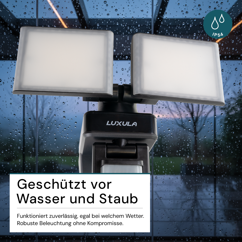 Schwenkbarer LED Fluter mit Bewegungsmelder, 2-köpfig, 2x 15 W, 3200 lm, 4000 K (neutralweiß), IP54, flexibler Strahler, Aluminiumguss, Wandleuchte