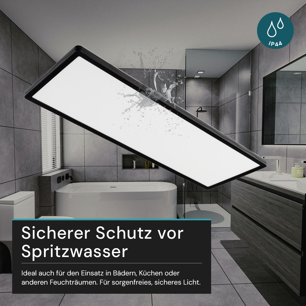 LED-Panel mit Fernbedienung, 58×20 cm, schwarz, 24 W, 2200 lm, IP44 Wassergeschützt, Helligkeit und Lichtfarbe einstellbar