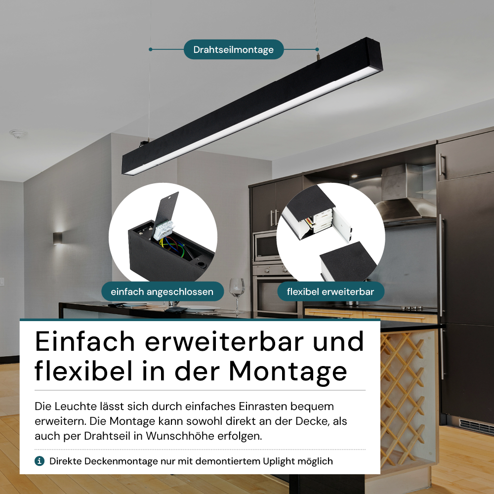 6er-Pack LED Büro-/Tresenleuchte Up&Down, schwarz, 120 cm, 30 W, 3600 lm, UGR<19, 3000-6500 K (CCT), LIFUD Netzteil, erweiterbar, Aluminium.