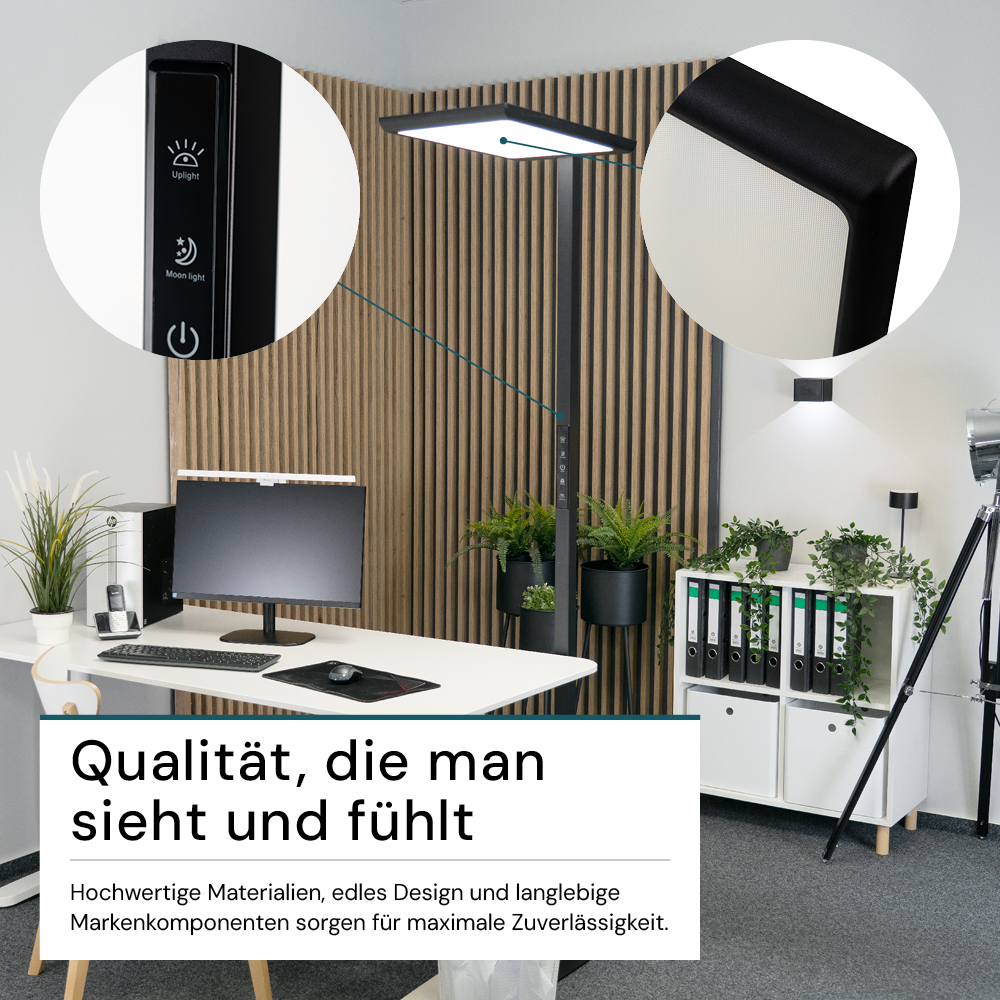 LED Büro-Stehleuchte, Up/Down, in Schwarz, 100 W, 7000 lm, 4000 K (neutralweiß), UGR<16, CRI98, dimmbar, RG0, Bridgelux LED, Arbeitsplatzleuchte
