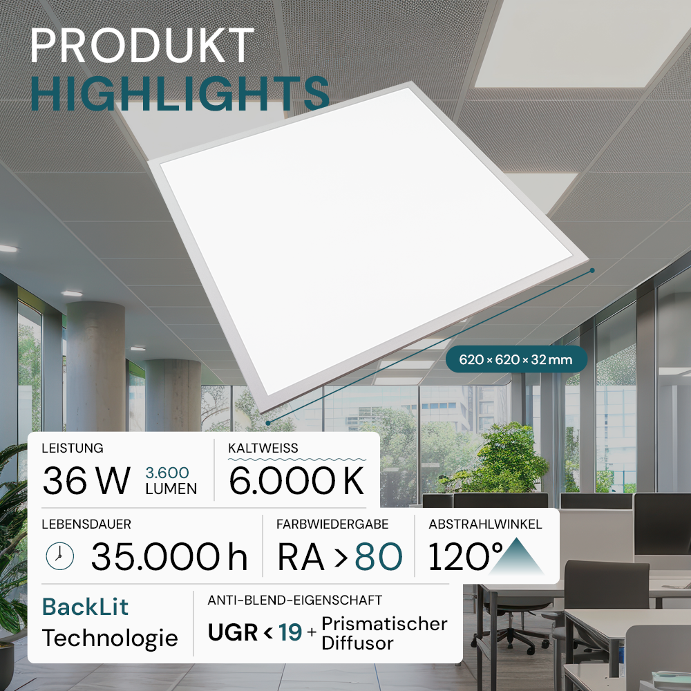 6er Pack LED BackLit Panel UGR<19, 62x62 cm, 36W, 3600lm, 6000K