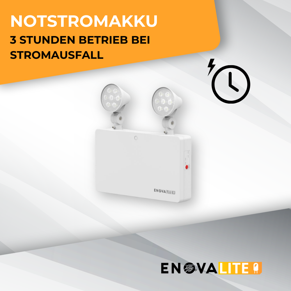 LED-Fluchtwegleuchte Twin-Spot 6W mit Fernbedienung, Notausgang mit Notstromeinheit, TEST-Funktion, Wandmontage.