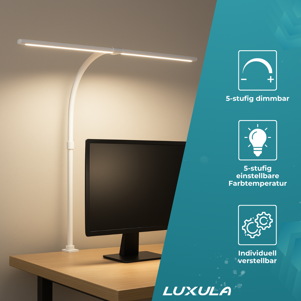 2er Pack LED-Schreibtischlampe, Doppelkopf, weiß, dimmbar, 5 Farbtemperaturstufen, 24 W, 800 lm, klemm- und verstellbare Monitorlampe.