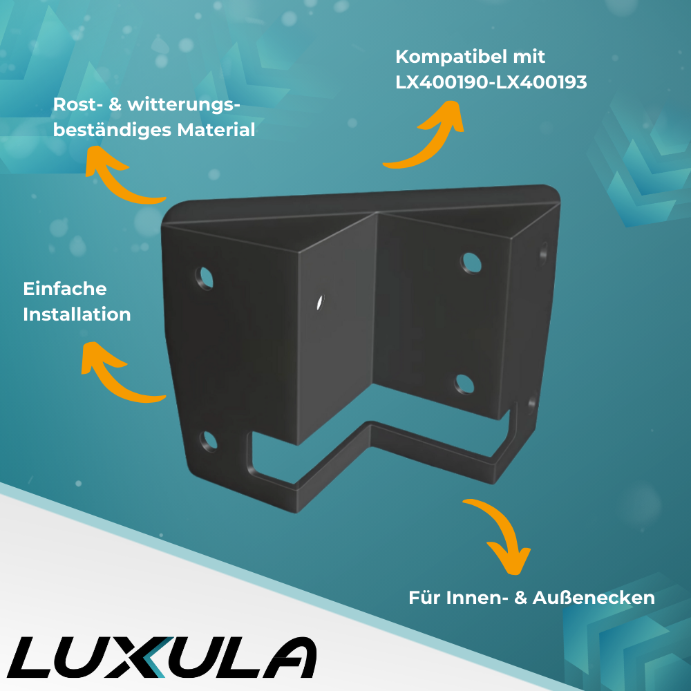 Eckwandhalterung für LED Fluter LX400190 bis LX400193, Eckmontage, Außenecken.