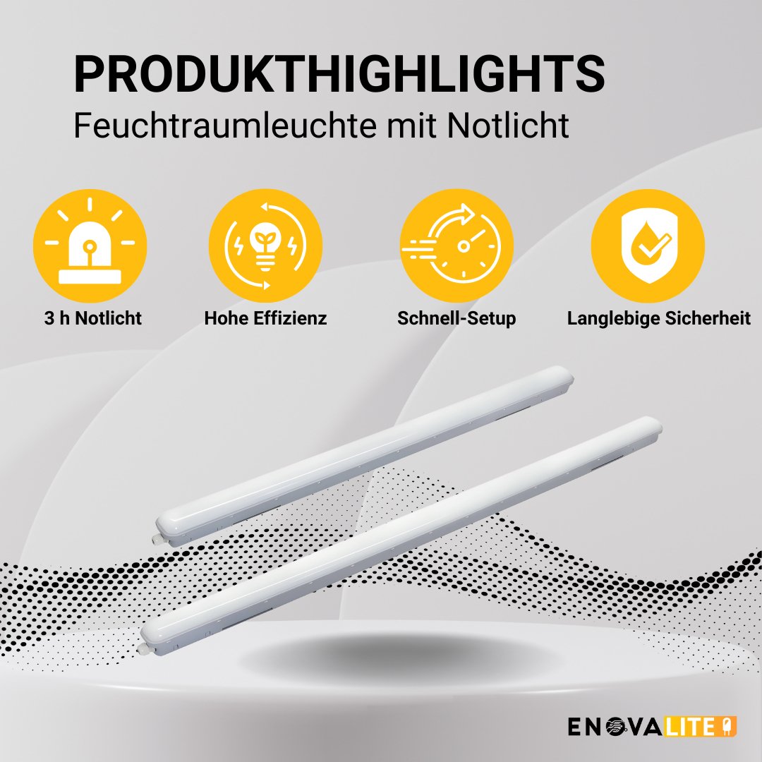 LED Feuchtraumleuchte PRO, Notlicht mit Akku 3h, 150cm, 50W, 5500lm, 4000K (neutralweiß), IP66, Steckklemme, durschleifbar.
