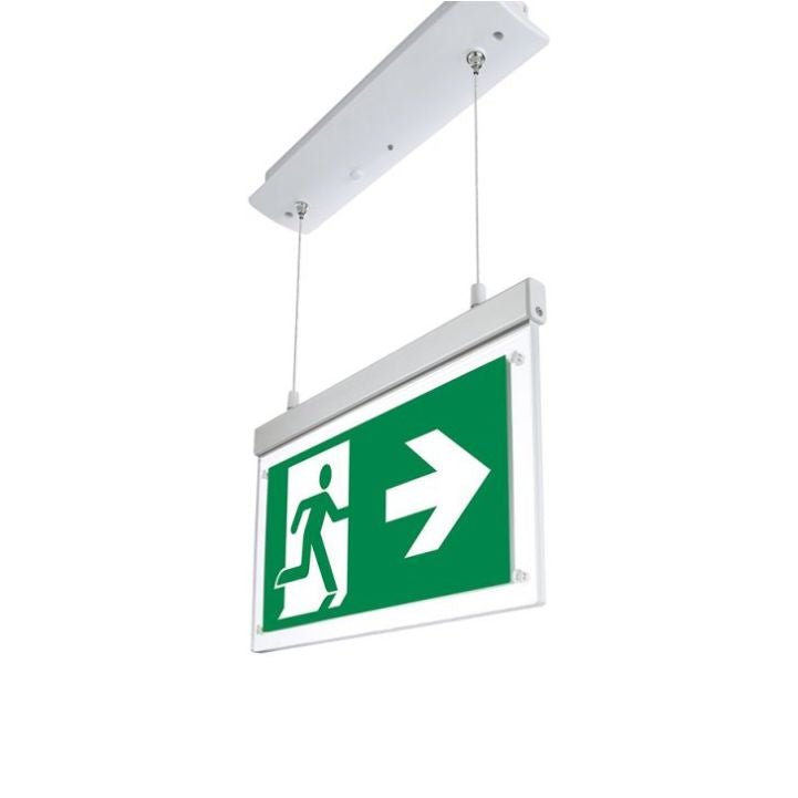 LED-Fluchtwegleuchte, Notausgang mit Notstromeinheit, Einbau, hängend.