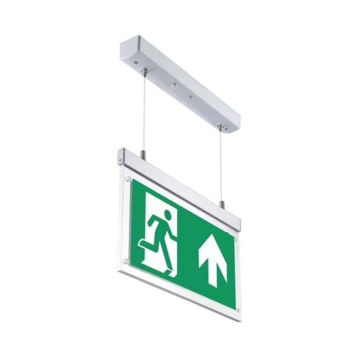 LED-Fluchtwegleuchte, Notausgang mit Notstromeinheit, hängend.