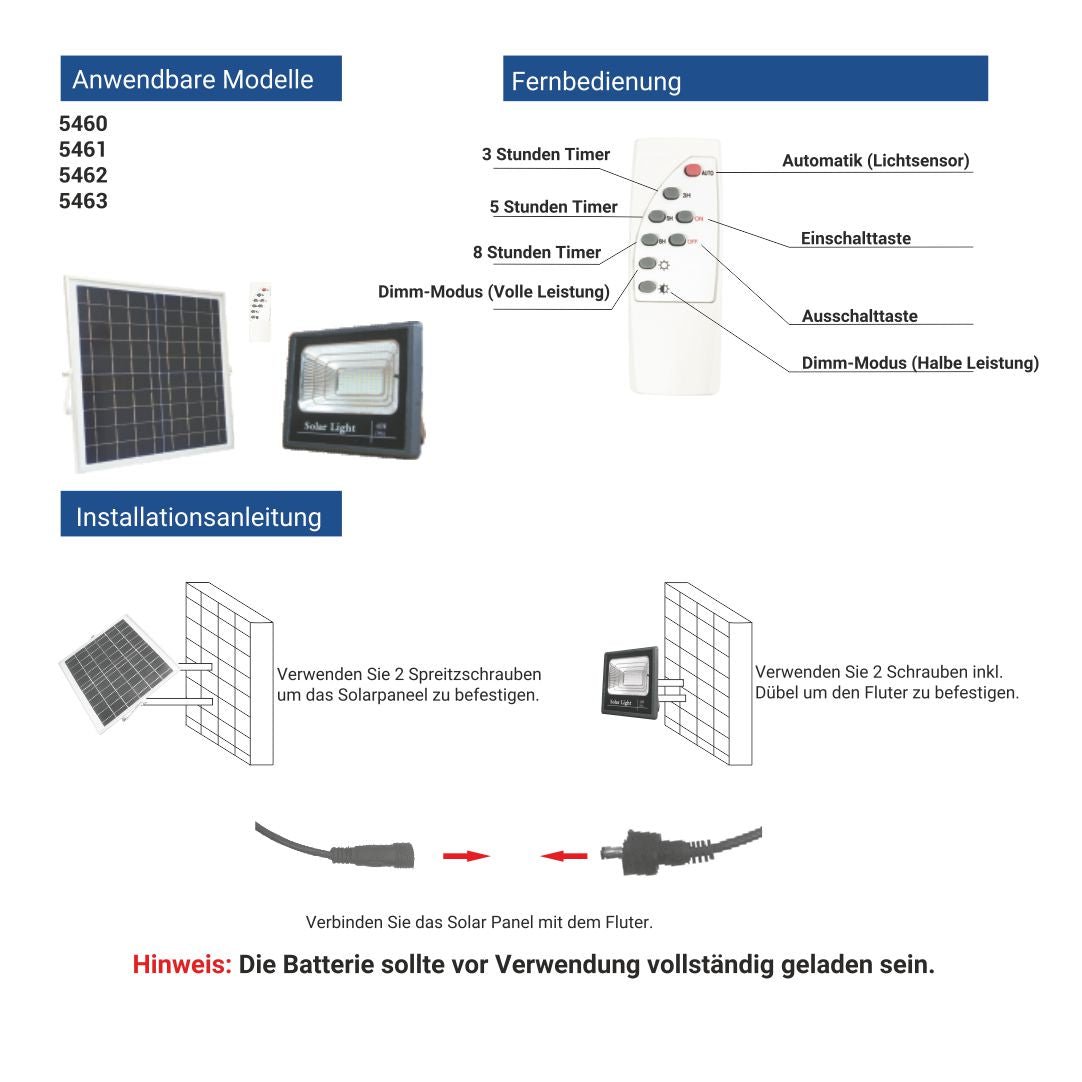 LED-Fluter, Solar mit Akku, 35 W, 2450 lm, 6000K.