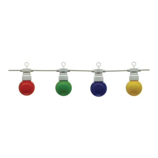 LED-Lichterkette E27, 20 bunte Leuchtmittel, 13 m, weiß, mit Aufhängung.