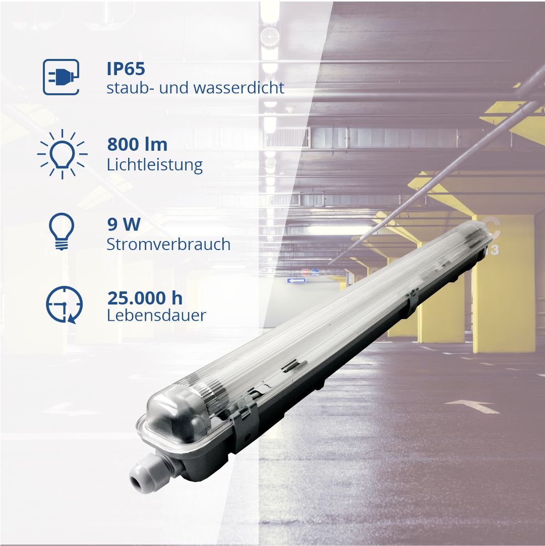LED-Wannenleuchte, 9 W, 800 lm, 4500 K, 68,0 cm, IP65, 1 flammig.