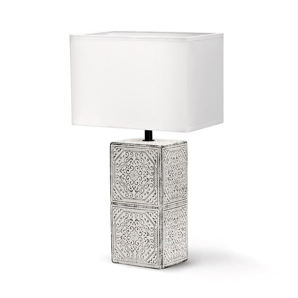 Stilsichere Tischlampe aus Keramik mit weißem orientalischem Muster schwarz unterlegt und eckigen S.