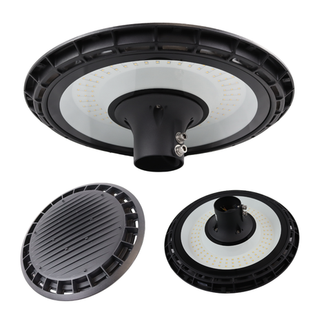 LED Straßenleuchte, rund, 120 W, 12000 lm, 3000 K (warmweiß), IP65, Parkanlage.