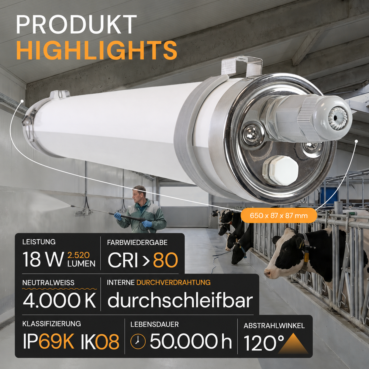 LED-Feuchtraumleuchte, 60 cm, 18 W, 2520 lm, 4000 K, IP69K, ammoniakbeständig, Brandschutz, durchschleifbar, Rohrleuchte