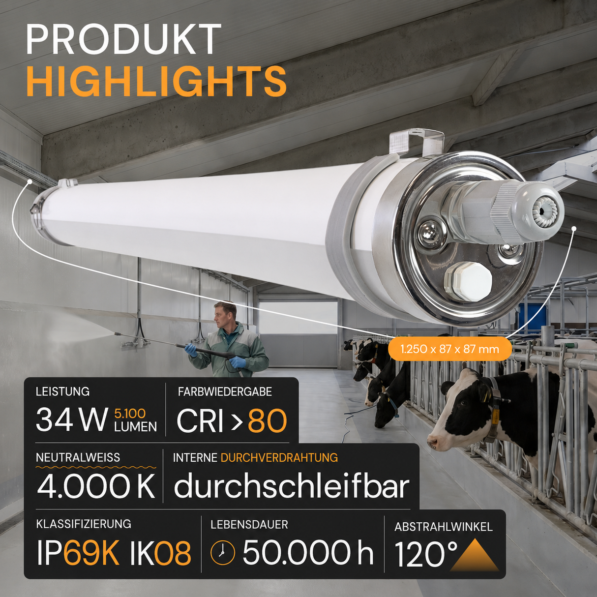 LED-Feuchtraumleuchte, 120 cm, 34 W, 5100 lm, 4000 K, IP69K, ammoniakbeständig, Brandschutz, durchschleifbar, Rohrleuchte