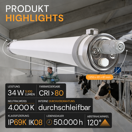 LED-Feuchtraumleuchte, 120 cm, 34 W, 5100 lm, 4000 K, IP69K, ammoniakbeständig, Brandschutz, durchschleifbar, Rohrleuchte
