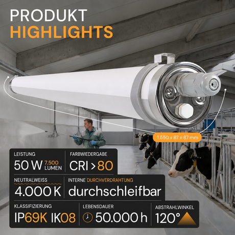 LED-Feuchtraumleuchte, 150 cm, 50 W, 7500 lm, 4000 K, IP69K, ammoniakbeständig, Brandschutz, durchschleifbar, Rohrleuchte