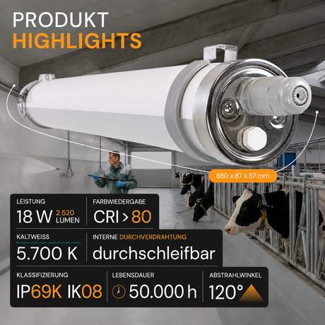 LED-Feuchtraumleuchte, 60 cm, 18 W, 2520 lm, 5700 K, IP69K, ammoniakbeständig, Brandschutz, durchschleifbar, Rohrleuchte