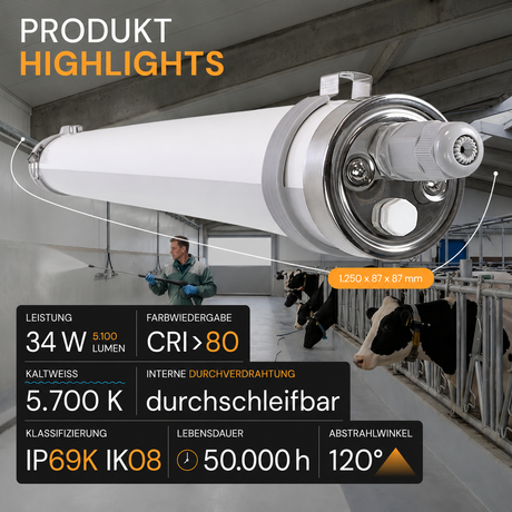 LED-Feuchtraumleuchte, 120 cm, 34 W, 5100 lm, 5700 K, IP69K, ammoniakbeständig, Brandschutz, durchschleifbar, Rohrleuchte