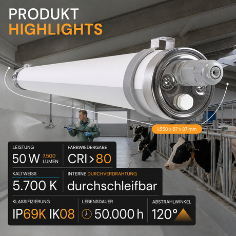 LED-Feuchtraumleuchte, 150 cm, 50 W, 7500 lm, 5700 K, IP69K, ammoniakbeständig, Brandschutz, durchschleifbar, Rohrleuchte
