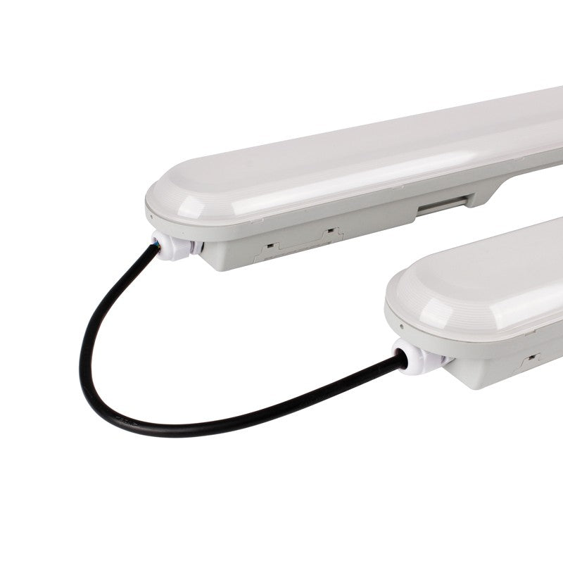 Not-LED-Wannenleuchte IP65, 150 cm, 55 W, 4000 K, rostfreie Clips, mit Akku, verlinkbar.
