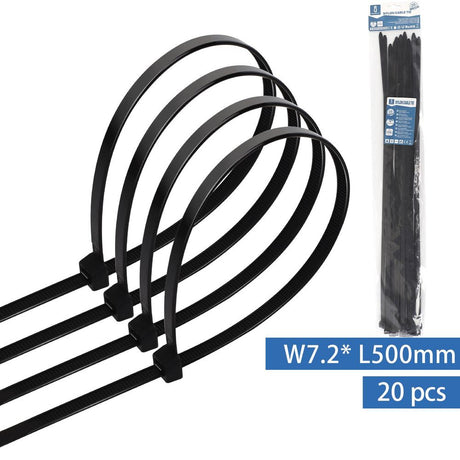 Kabelbinder, 20 Stk., 7,2 x 500 mm, schwarz.