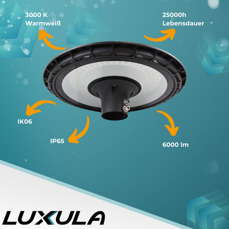 LED Straßenleuchte, rund, 60 W, 6000 lm, 3000 K (warmweiß), IP65, Parkanlage.