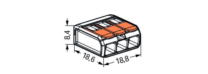 WAGO 221-413, 3-Leiter-Klemme, Leiteranschluss von 0,14 bis 4 mm², 32A, 400V.