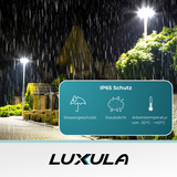 LED Straßenleuchte, rund, 120 W, 12000 lm, 3000 K (warmweiß), IP65, Parkanlage.